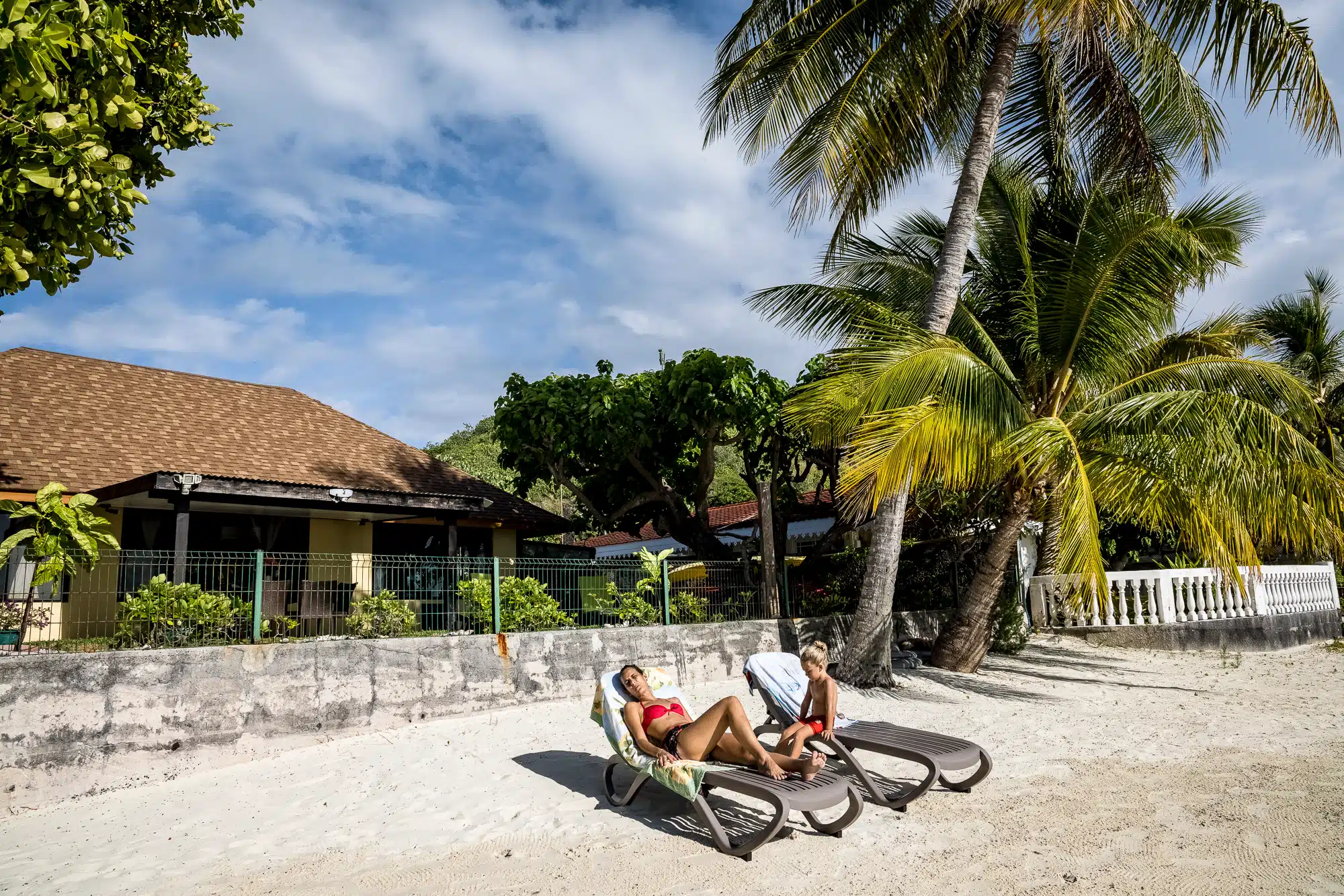 Wide view of Fare Manava house from the beach on Matira, Bora Bora